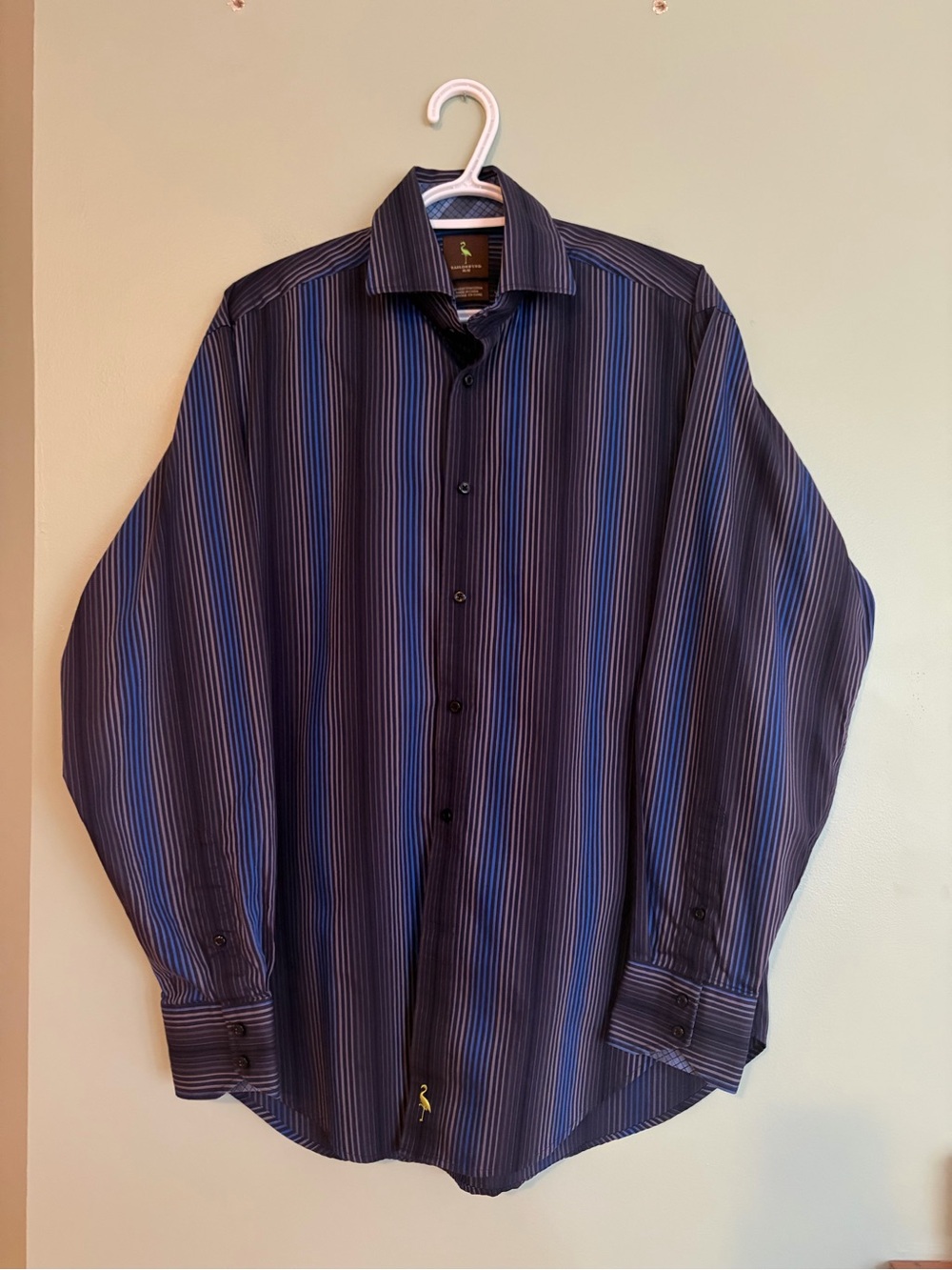 Tailorbyrd Mens M Long Sleeve Striped Dress Shirt Blue Brown Business Casual
